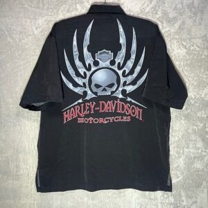 Y2K Harley Davidson Skull Button Up‎ Shirt Black Mens M Bikercore Grunge Goth